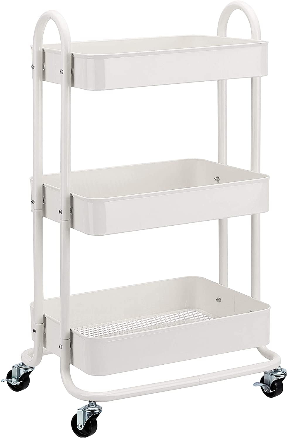 Three-tier white metal rolling cart with rounded handles and four black caster wheels