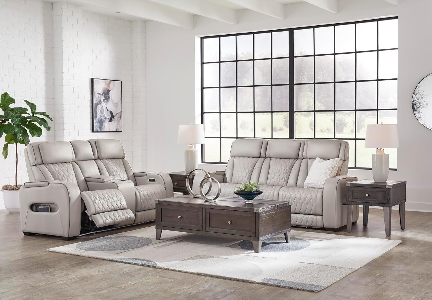 Signature Design by Ashley 3-Seat Power Reclining Sofa, Heat, Massage, Gray | Combination of Leather and Faux Leather, Air Massage, Heated Seats, Drop-Down Table, Zero Gravity, Boyington
