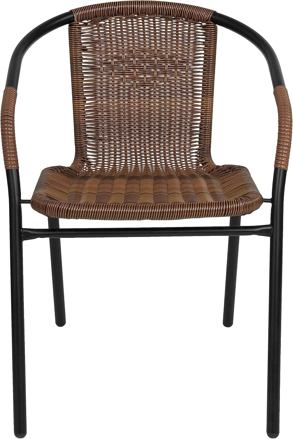 Front-facing close-up of brown rattan seat and woven back highlighting the black metal frame and front cross brace