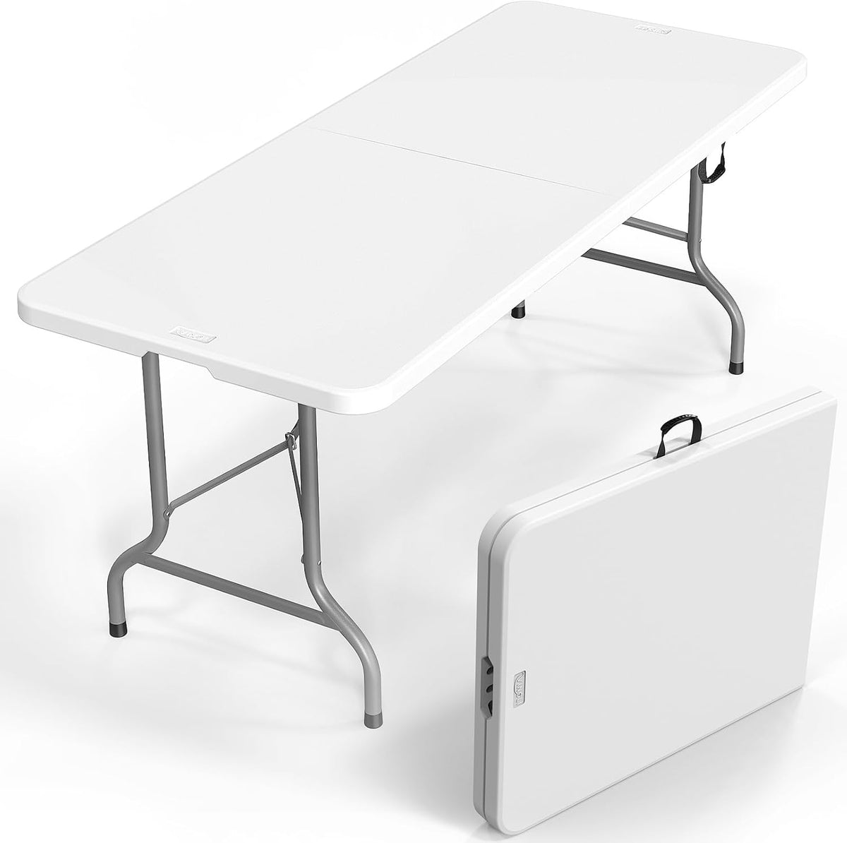 White folding table set up with metal legs, shown alongside the table folded into a carry case upright on the floor.