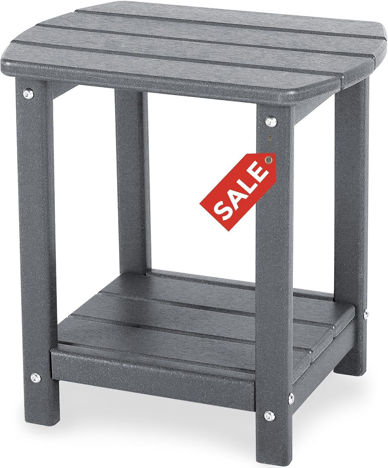 Straight-on view of a dark gray slatted outdoor end table showing top and lower shelf; red sale tag hangs on leg.