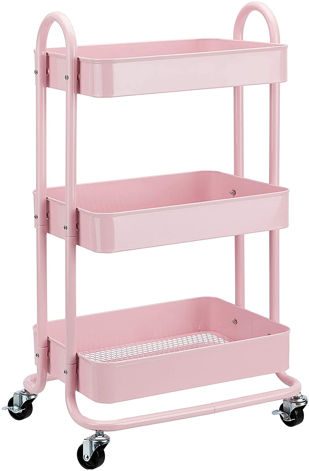 Pink three-tier rolling cart on wheels shown from a three-quarter angle on a plain white background.