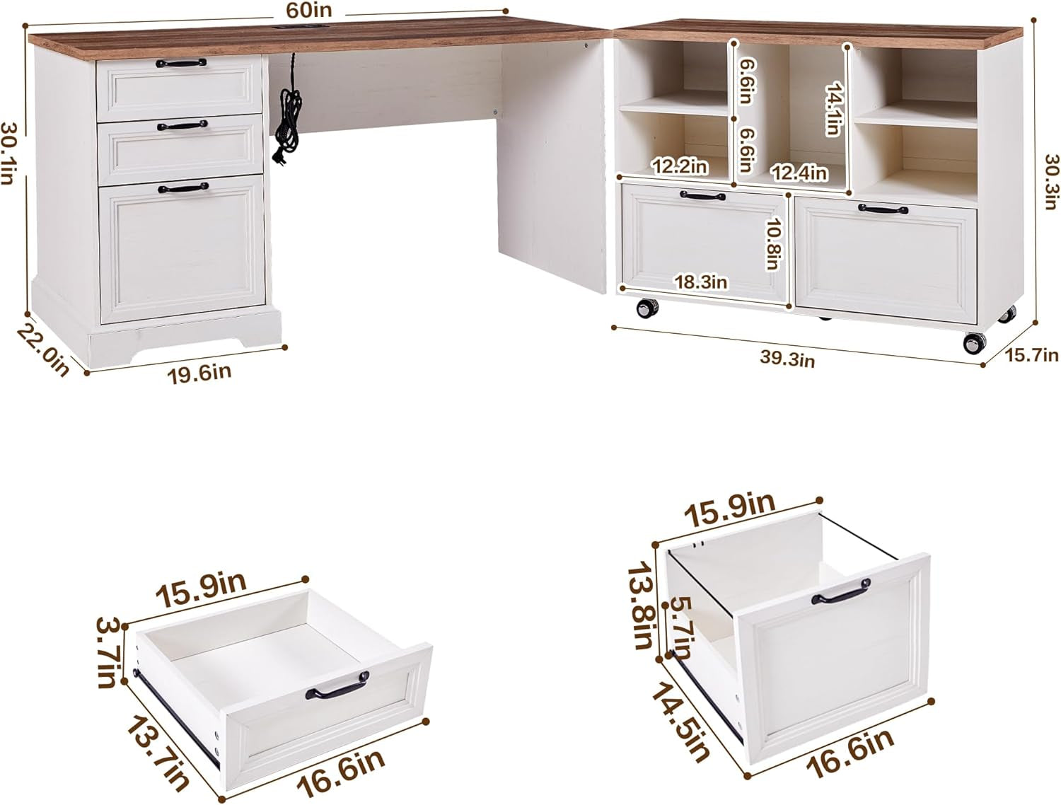 Dimensional diagram of the 60-inch L-shaped desk and mobile cabinet with measurement callouts and drawer illustrations