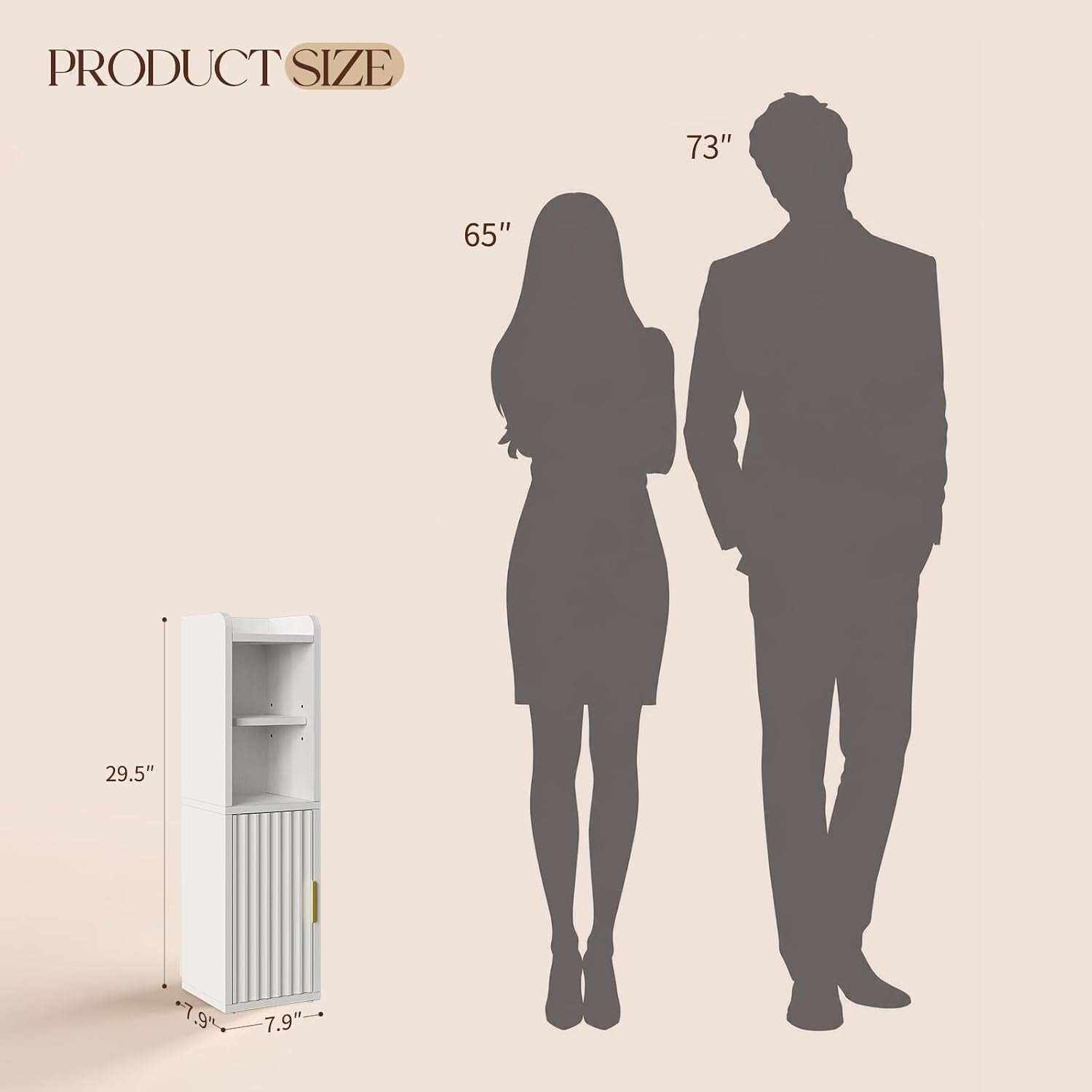 Product size diagram showing a narrow white cabinet next to two human height silhouettes