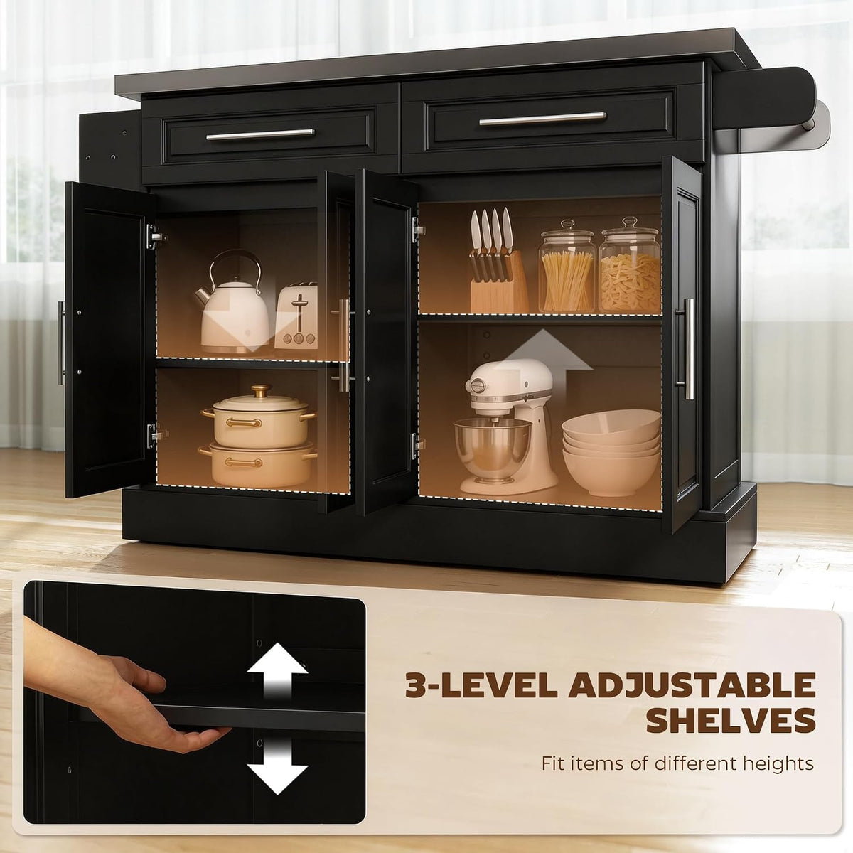 Front view with lower cabinet doors open showing three-level adjustable shelves and cookware inside