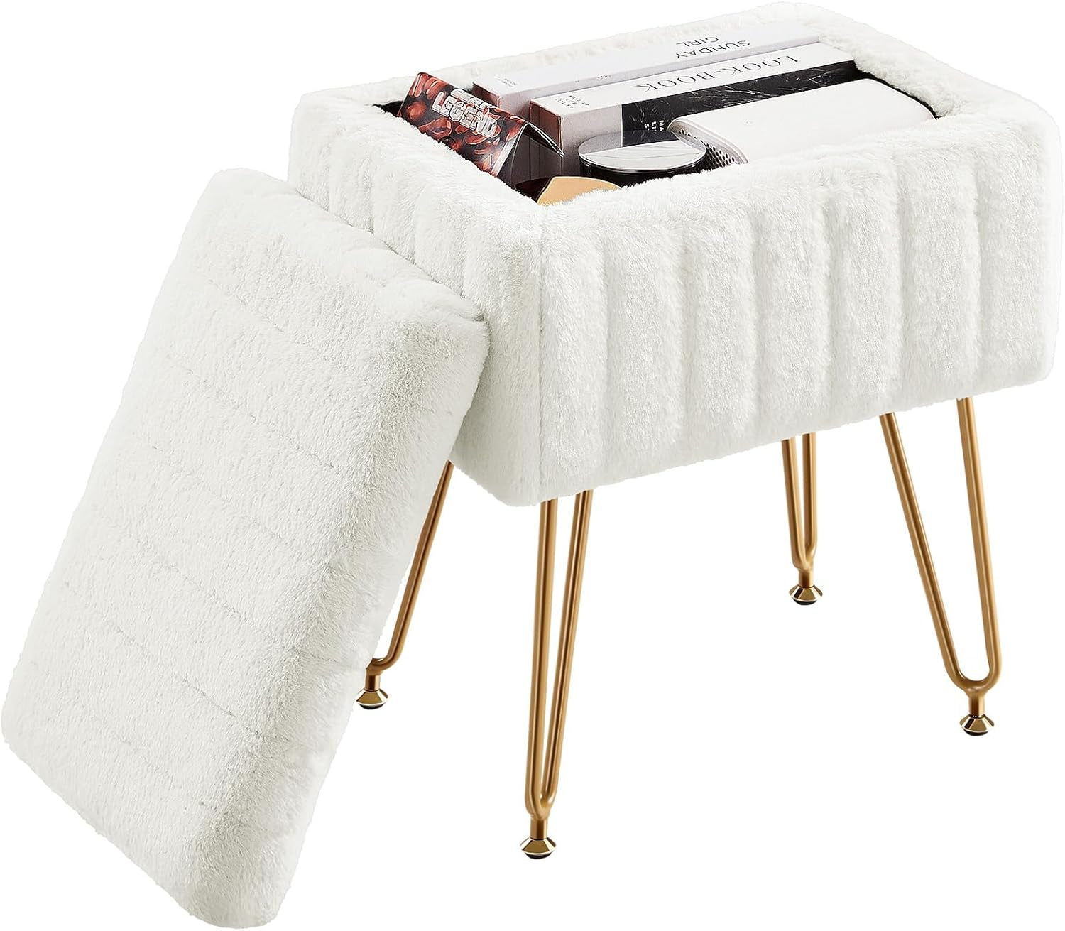 White faux fur storage ottoman with gold metal legs and removed lid showing interior storage