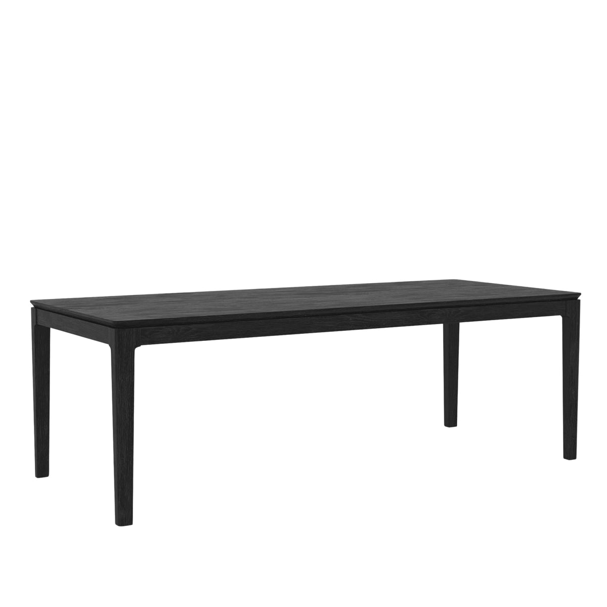 Black rectangular dining table viewed from one end, showing its wood-grain top and four legs.