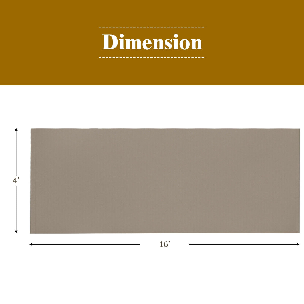 A taupe rectangular canopy panel shown with measurement arrows along its length and width.