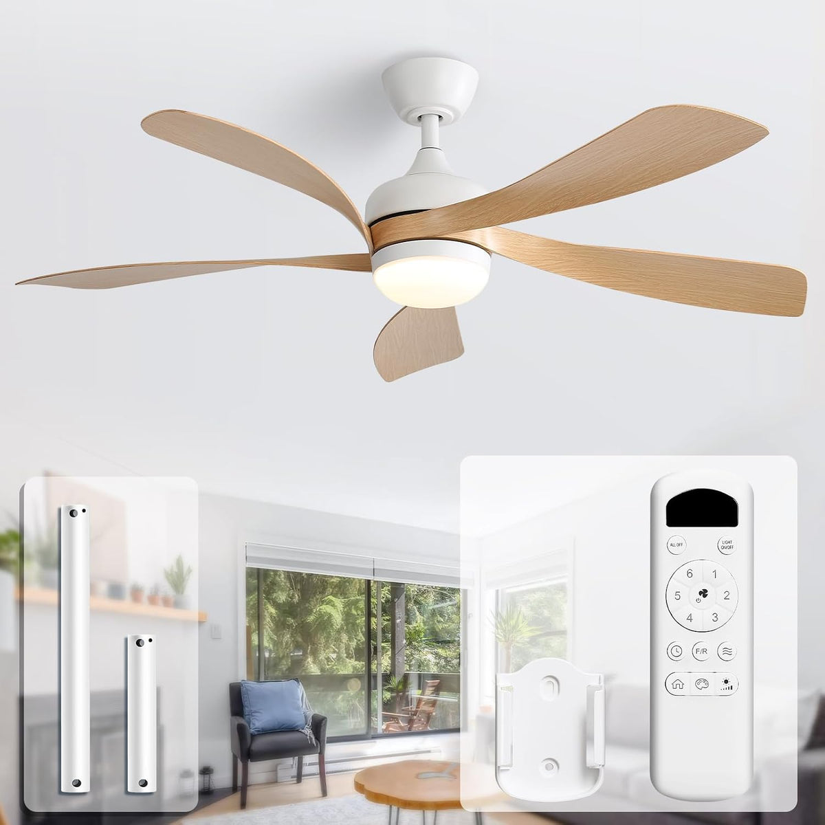 Ceiling fan with five light wood blades and white housing shown installed with remote and mounting rods in transparent