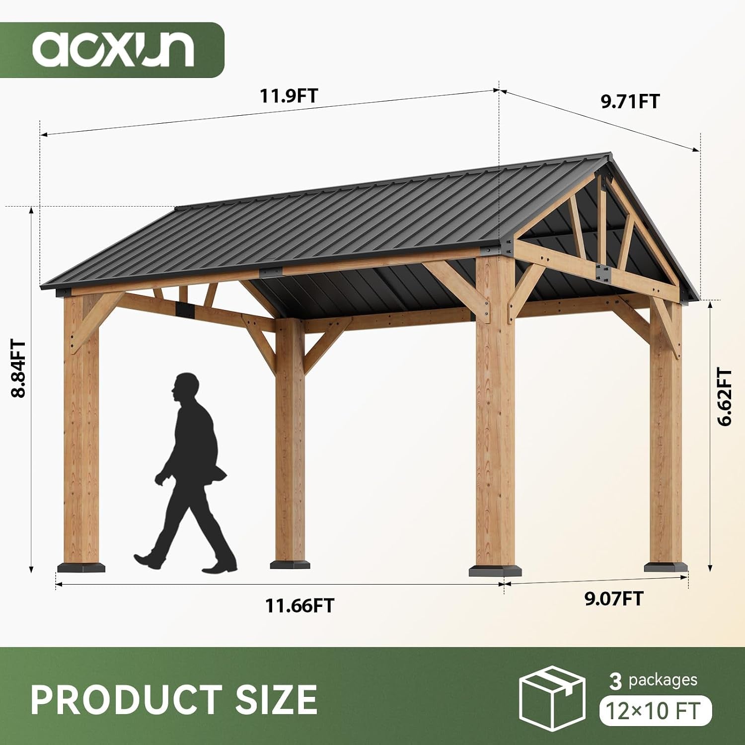 Side profile diagram of the gable gazebo with a walking silhouette showing overall proportions and measured heights.