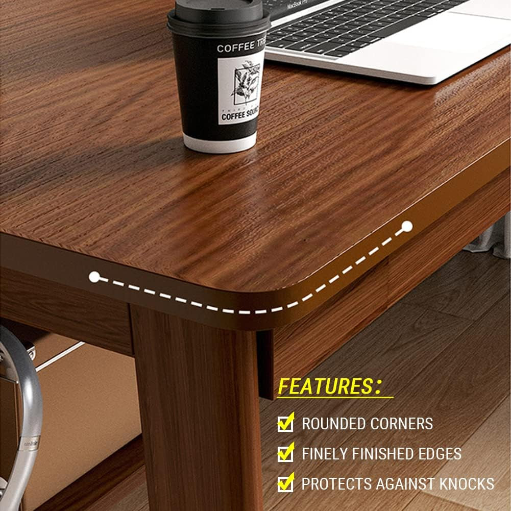 Close-up of walnut tabletop corner showing rounded edge, finished edging and visible wood grain