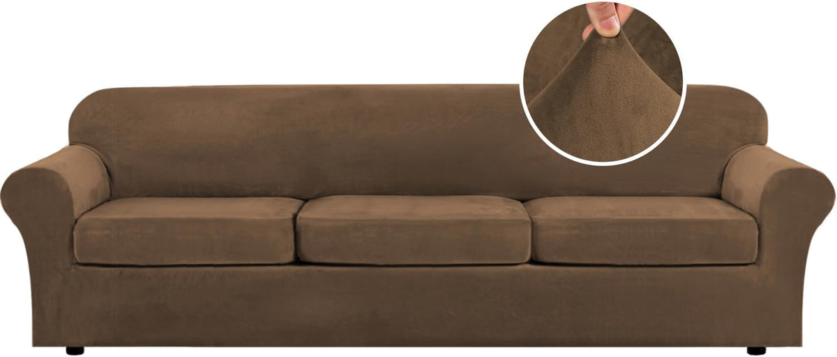 Wide shot of a long three-cushion brown sofa with rolled arms and a circular close-up of the velvet texture.