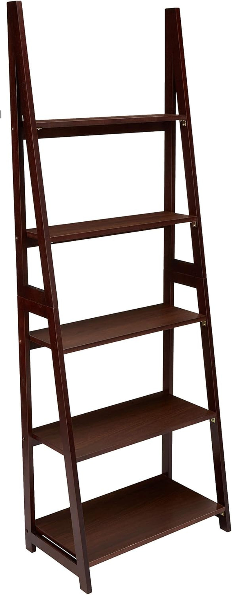 Espresso ladder bookshelf straight front view isolated on a white background showing all five shelves