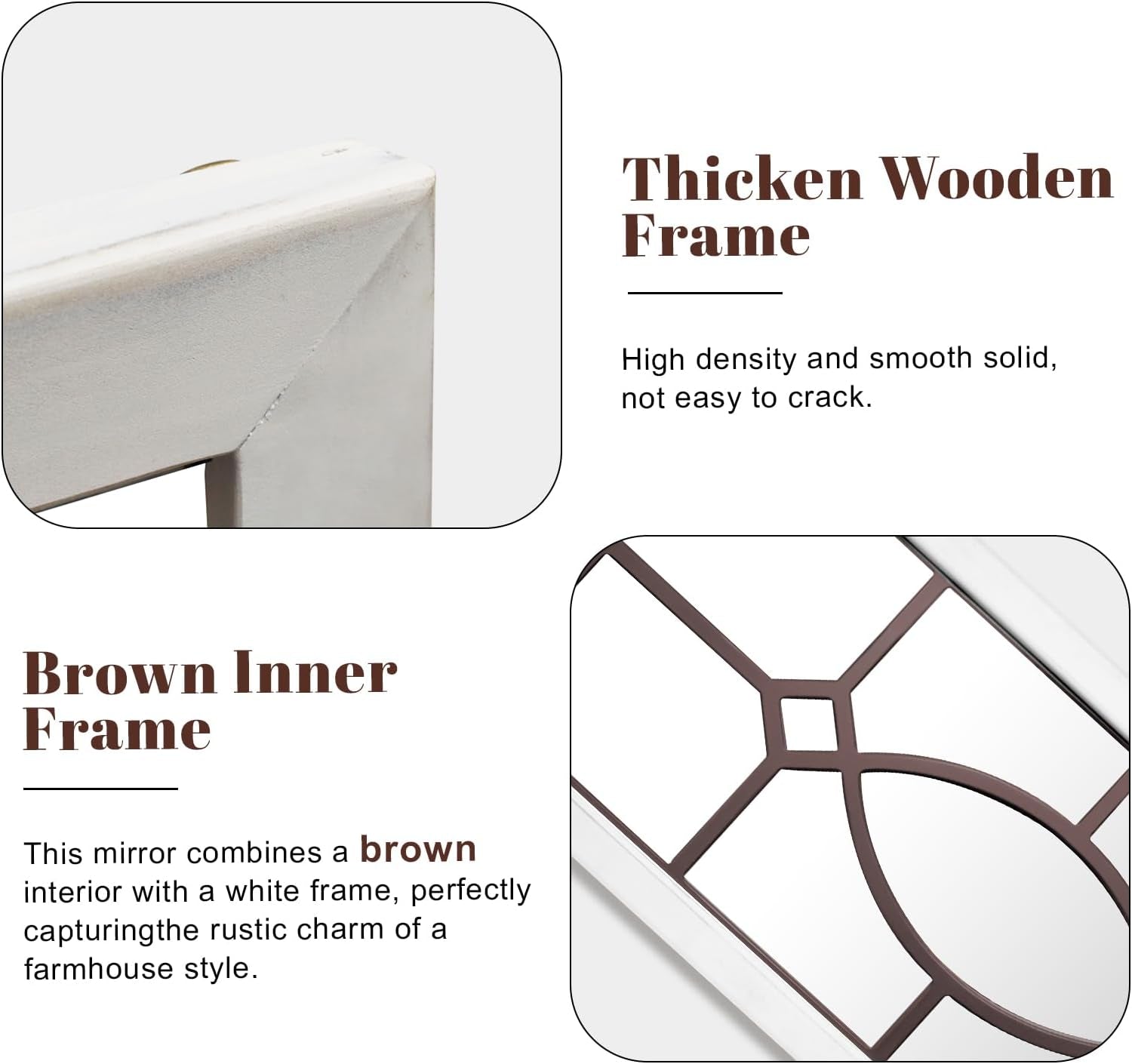 Detail collage showing the thick distressed white wood frame and brown inner windowpane slats