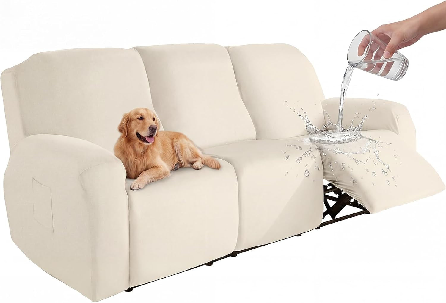 Cream three-seat recliner sofa with a stretch slipcover, a dog on the seat and water splashing onto the reclined footrest.
