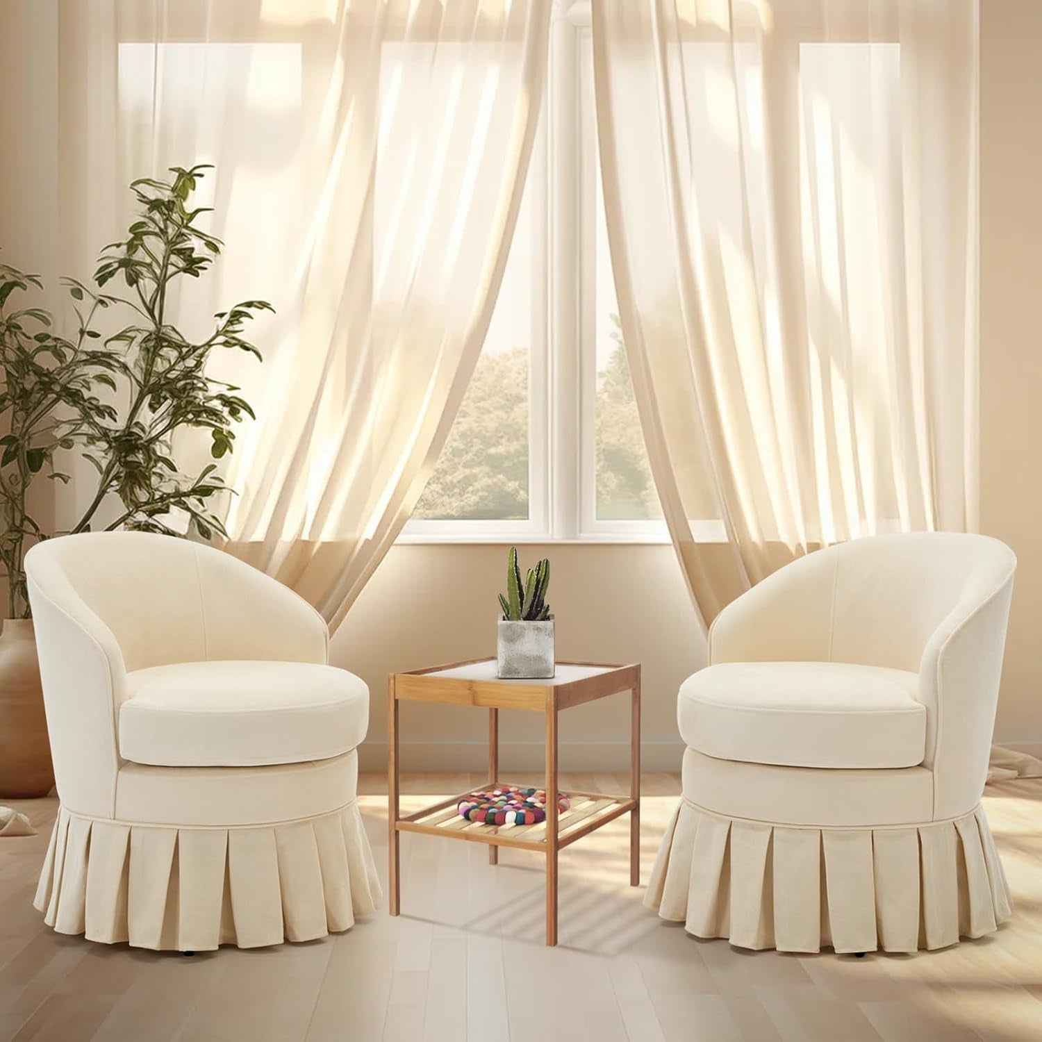 Beige barrel chair shown with pleated skirt and rounded seat in a staged room