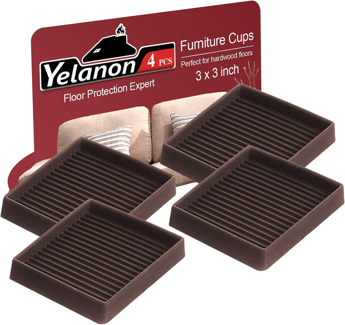 Four square dark brown furniture cups arranged in a staggered layout with ribbed interiors and red backing card.