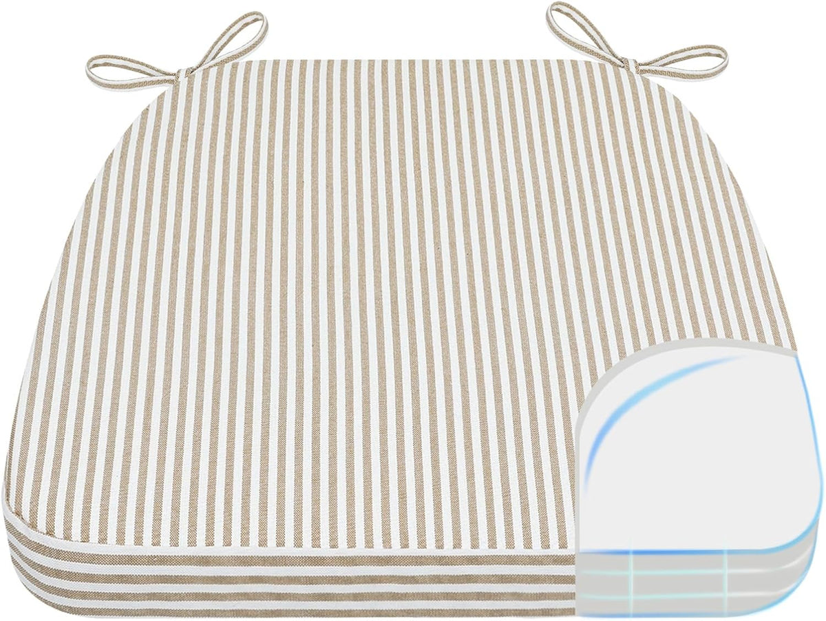 Top view of beige-and-white striped D-shaped chair pad with ties and a corner layered cutaway graphic