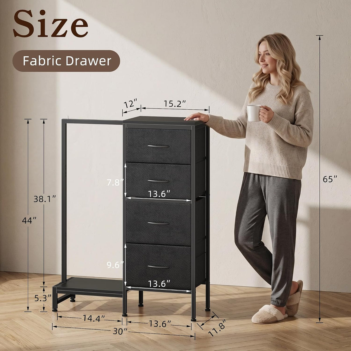 Black dresser with an open hanging rack beside a person and size labels