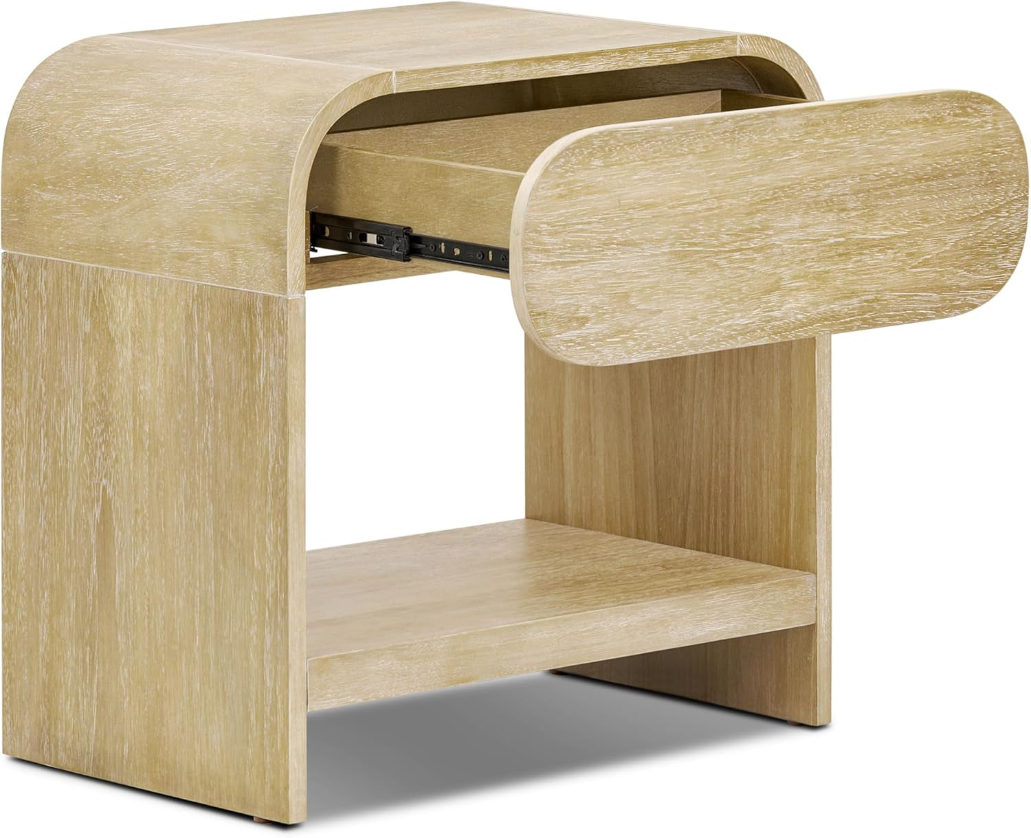 Three-quarter side view of a light-washed wood nightstand with one drawer pulled out and an open lower shelf