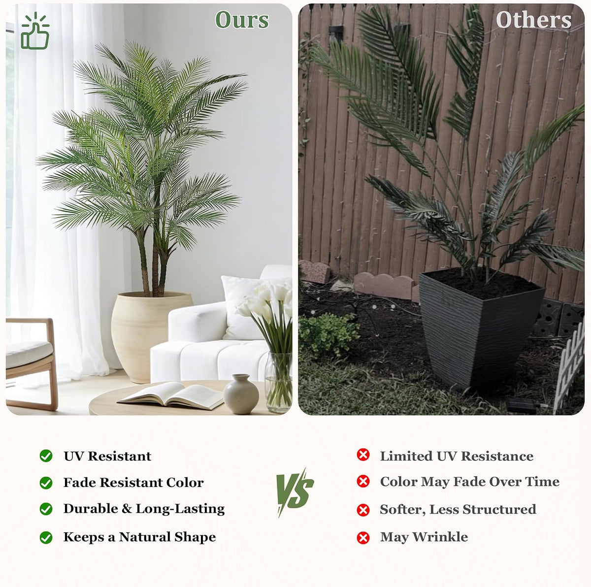 Two-panel comparison showing artificial palm in a bright living room versus a worn outdoor plant
