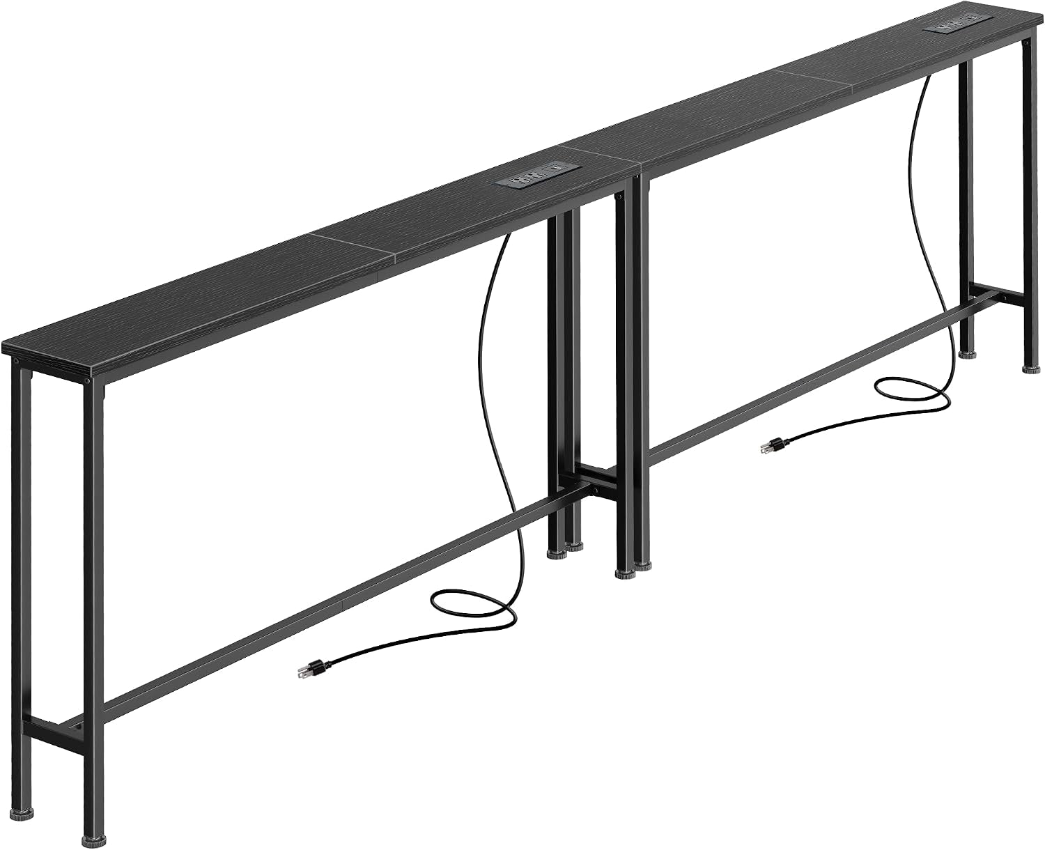 Narrow console table in charcoal finish with metal frame, two sections joined and cords visible beneath