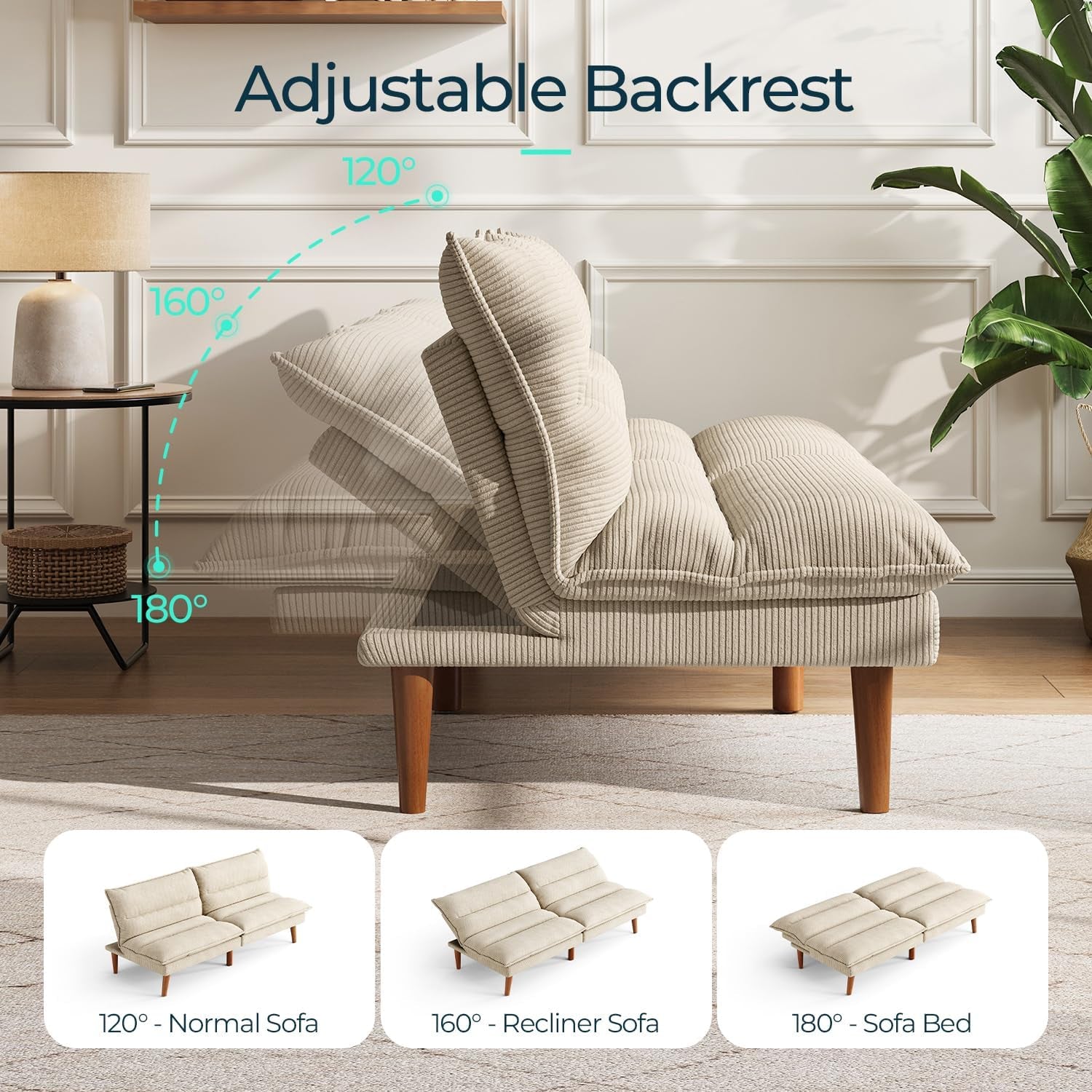 Side profile showing the futon backrest adjustable to 120°, 160°, and 180° positions with wooden legs visible