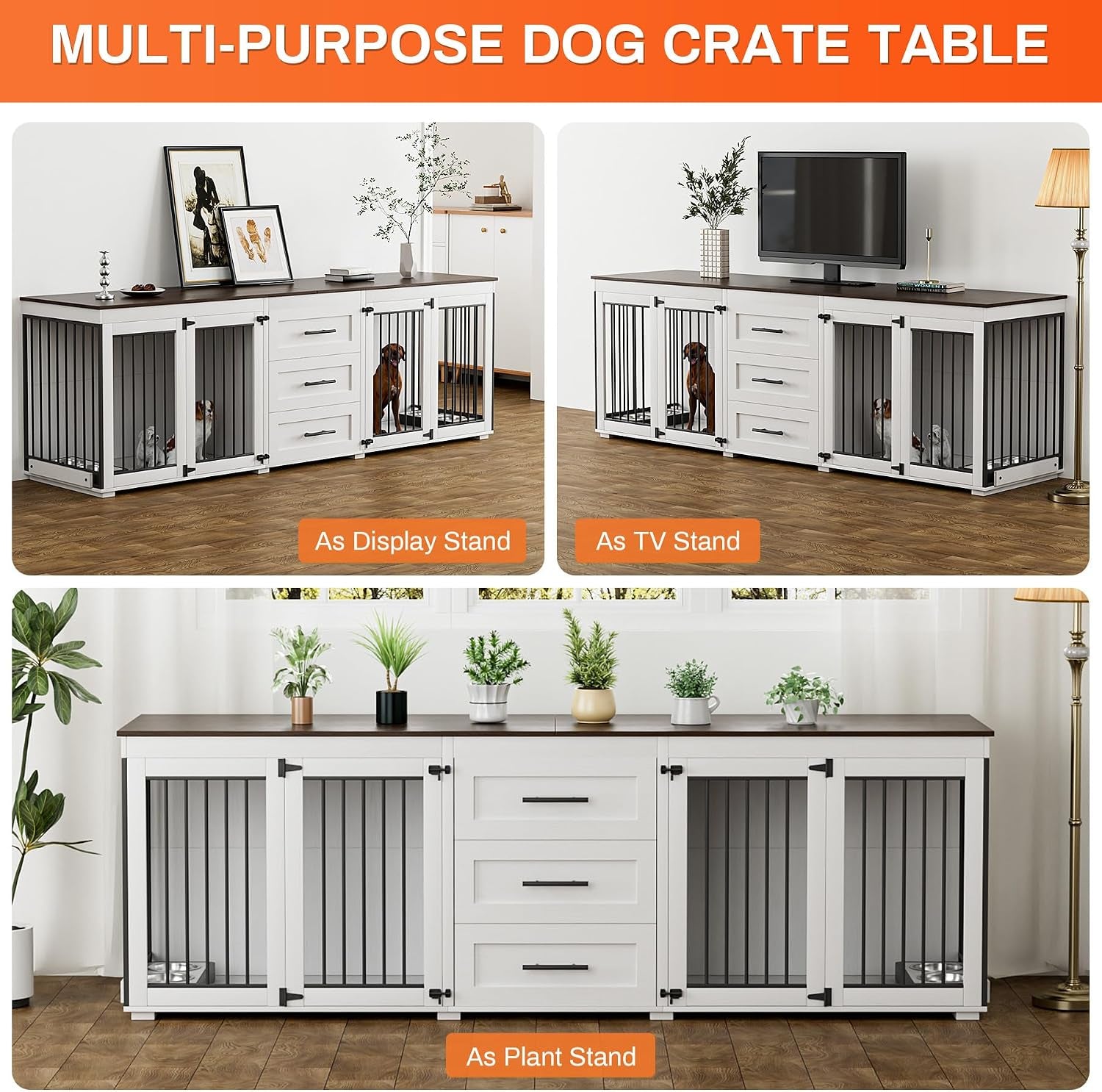 Three-panel collage showing the crate used as a display stand, TV stand, and plant stand in different room setups.