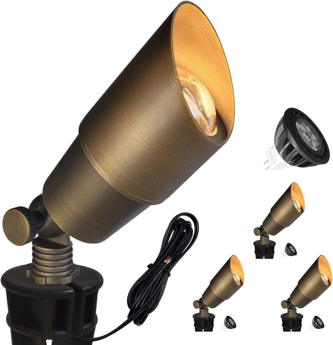 Close-up of a bronze spotlight head highlighting the brushed gold interior, with coiled black cable and a separate MR16 bulb