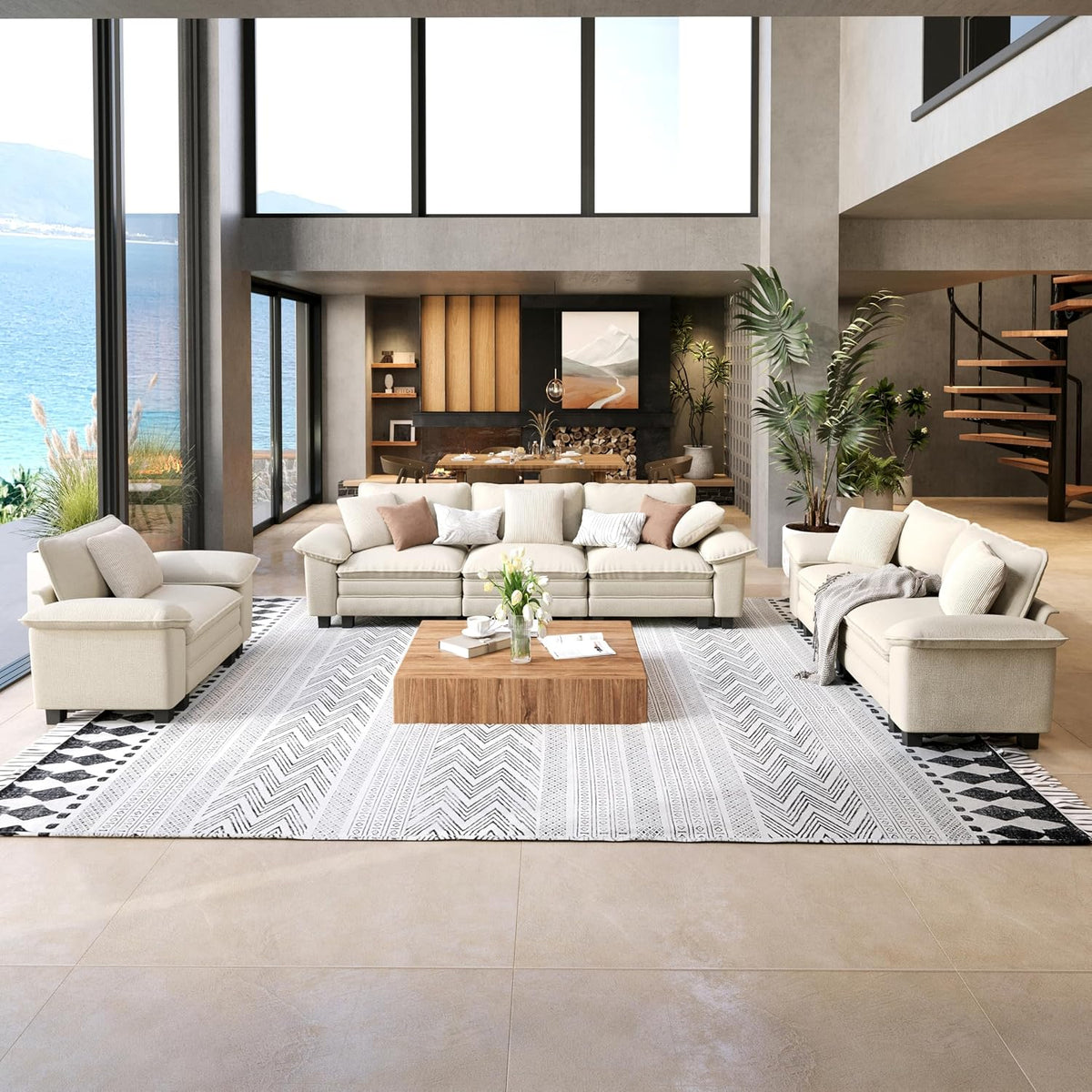 Bright living room with a white three-seat sofa and matching loveseat arranged around a low wood coffee table.