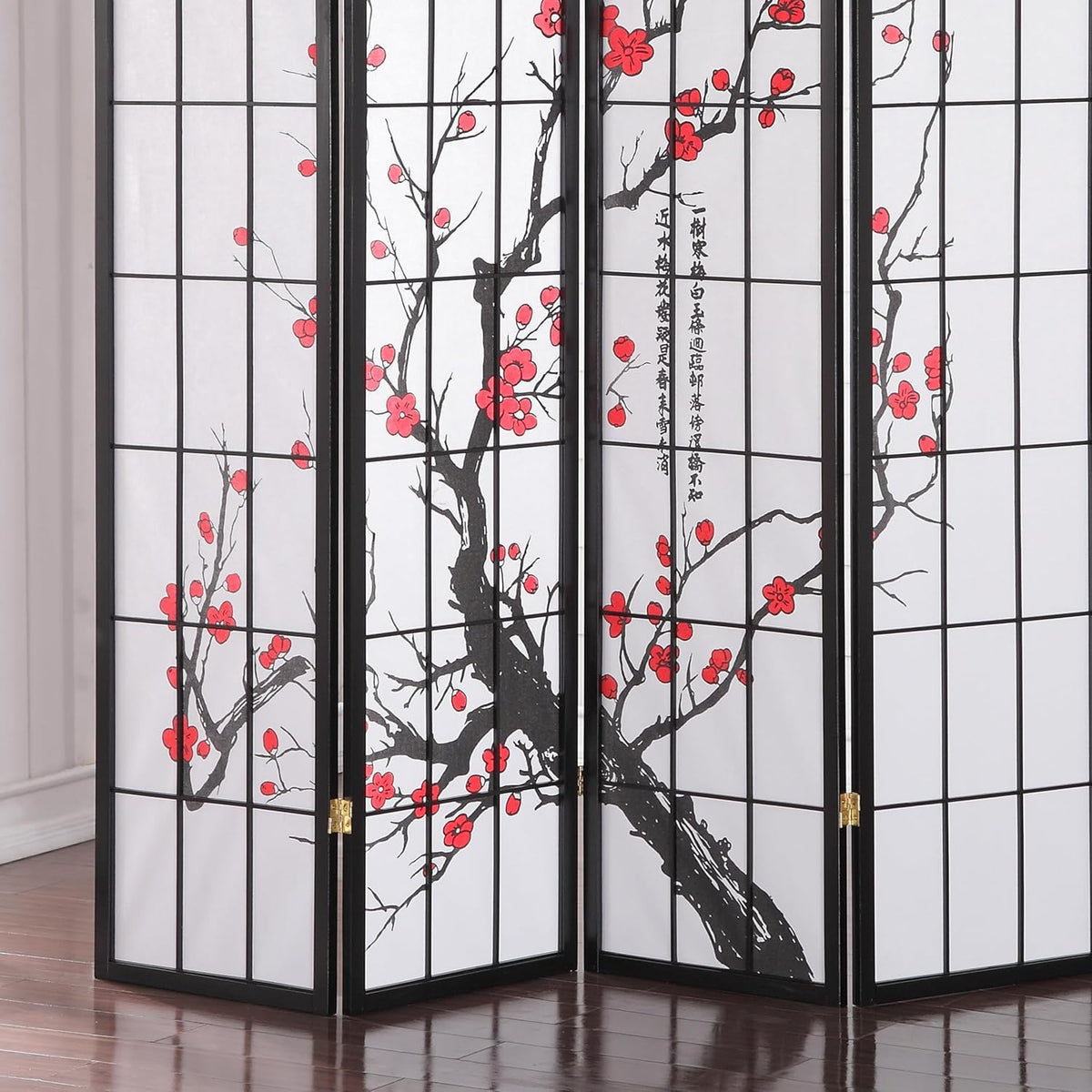 Tight detail of panels showing the black hardwood frame, vertical grid lines and red blossom accents on rice paper