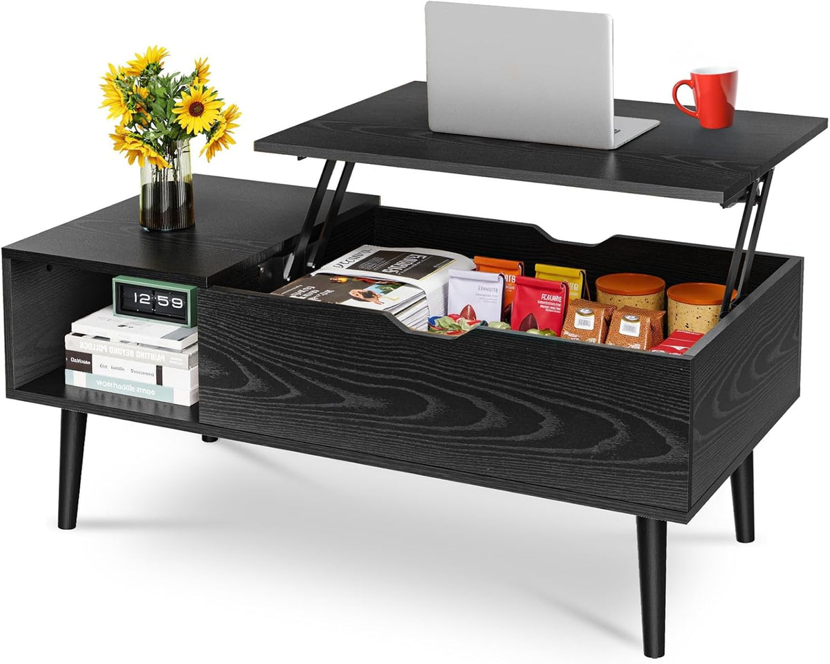 Black wood-textured lift-top coffee table shown with tabletop raised exposing hidden storage and side shelf