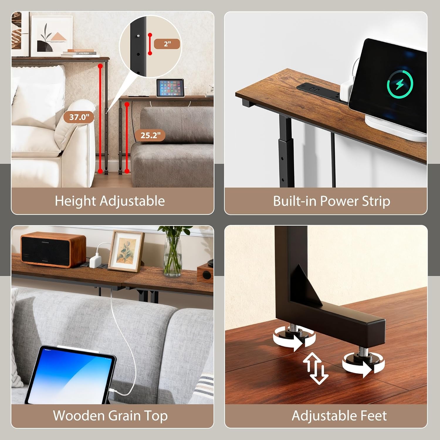 Four-panel graphic highlights adjustable height, a built-in power strip, wood-grain top and adjustable feet.