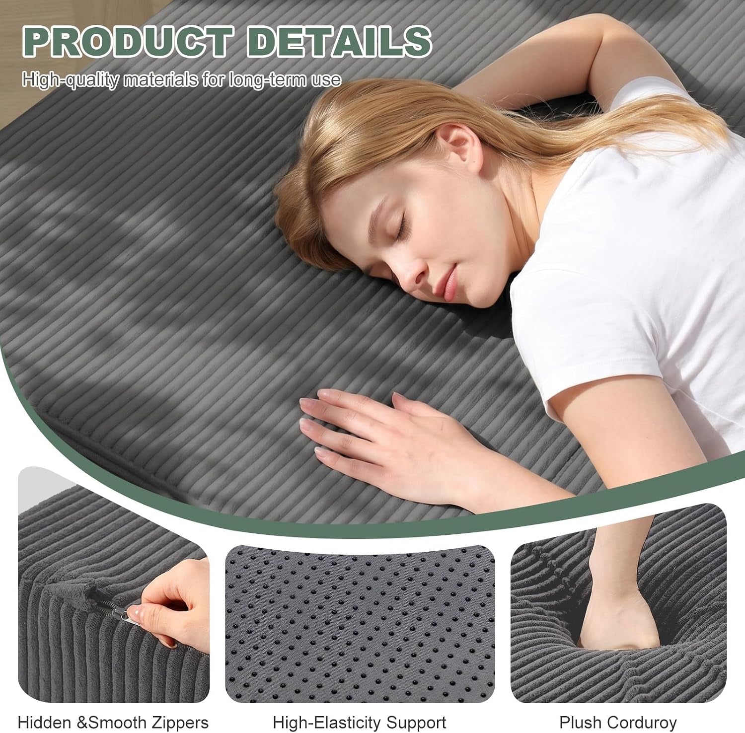 Close-up of person lying on grey corduroy surface with inset images of hidden zipper, non-slip dots, and foam detail