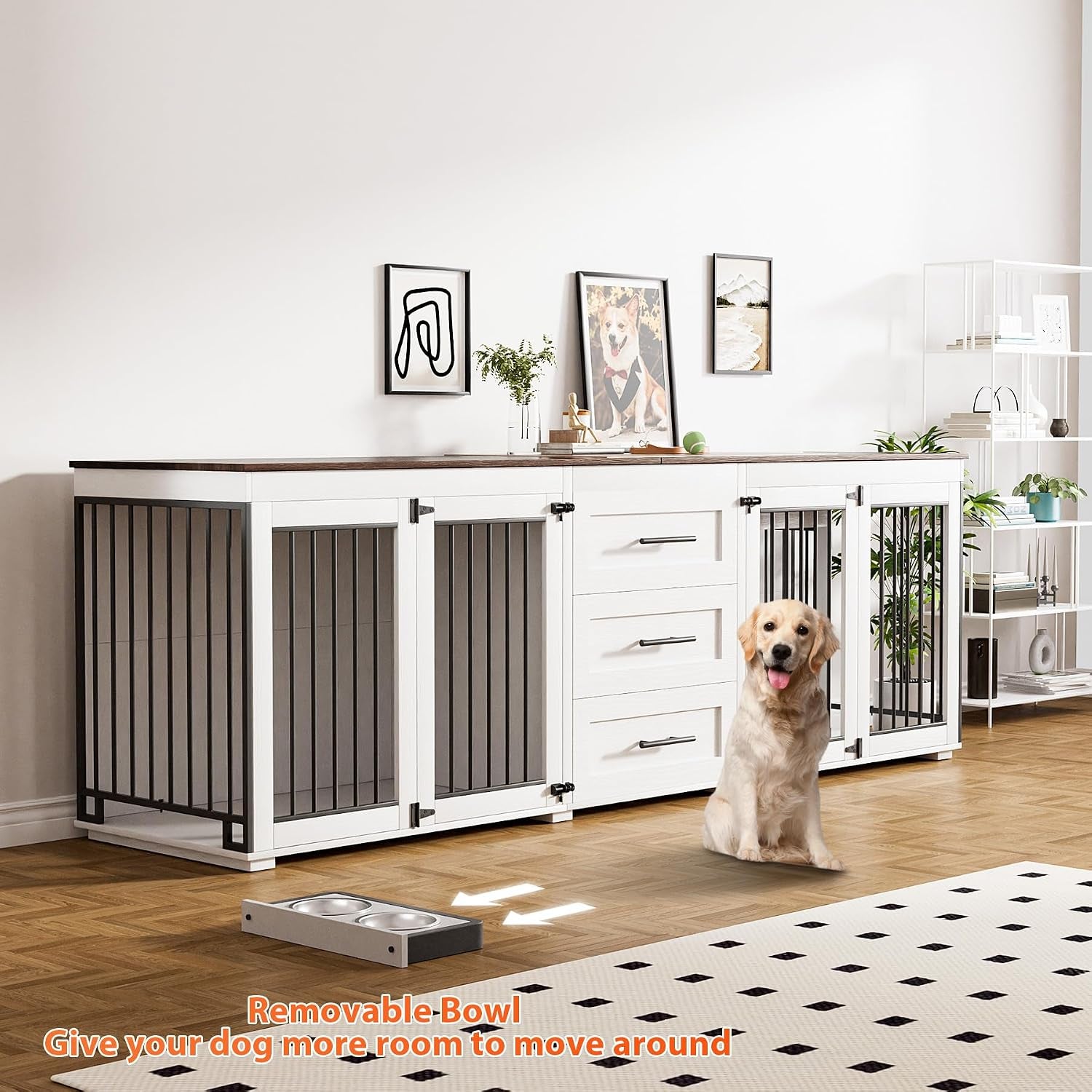 White double dog crate TV stand with removable feeding bowl on floor and golden retriever seated in front