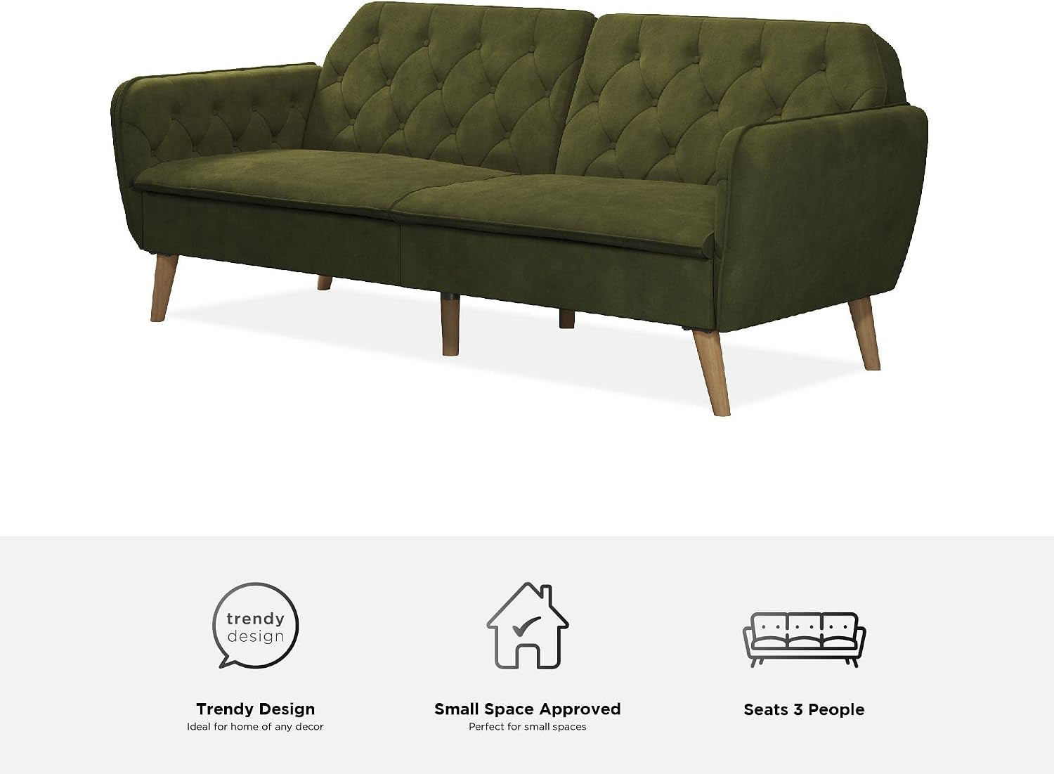 Angled studio view of a green tufted futon sofa with wooden tapered legs on a white background