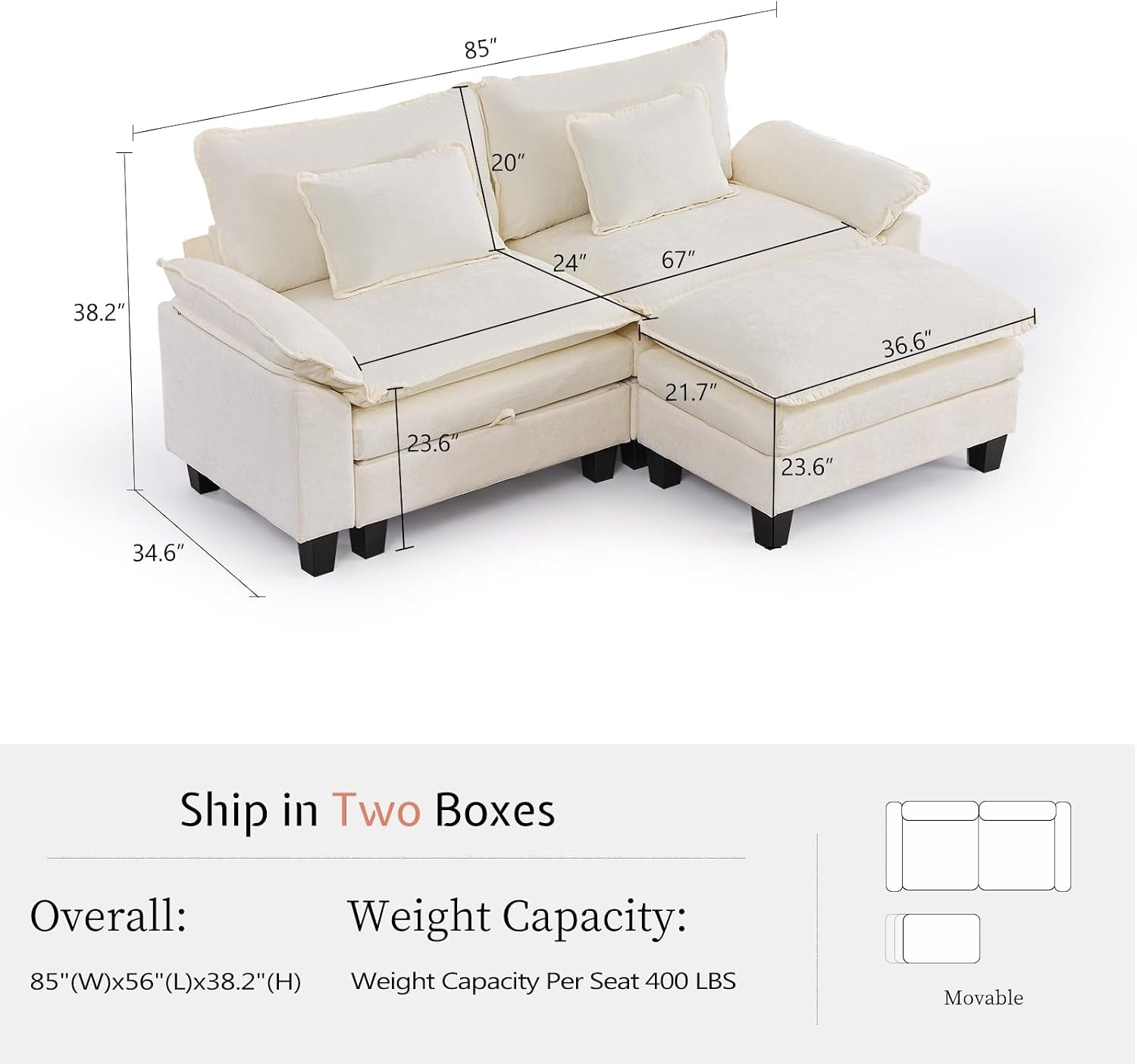 Angled view of the sectional on a white background with measurement lines and dimension labels overlaid.