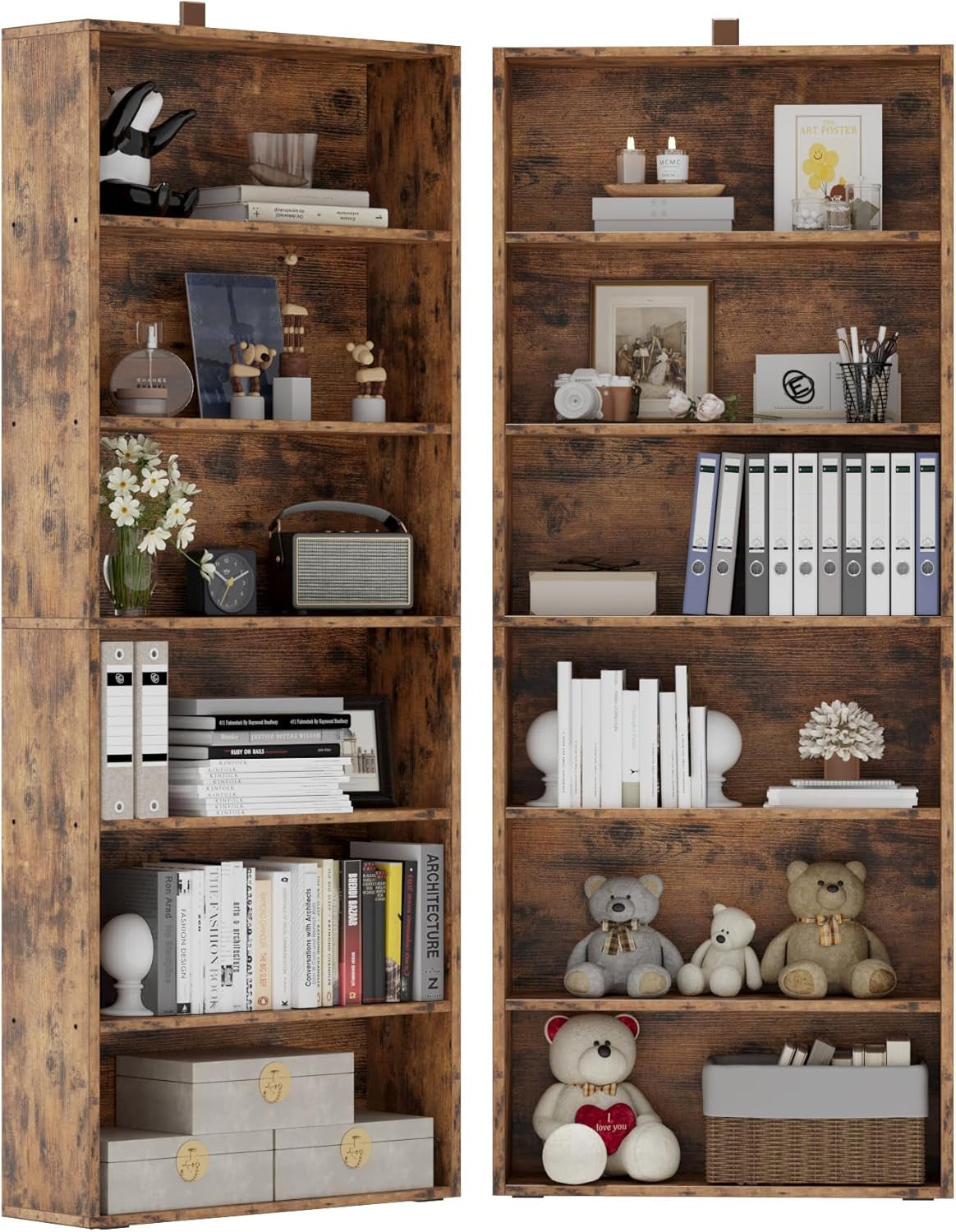 Pair of rustic dark brown 6-tier bookcases filled with books, toys and decorative items