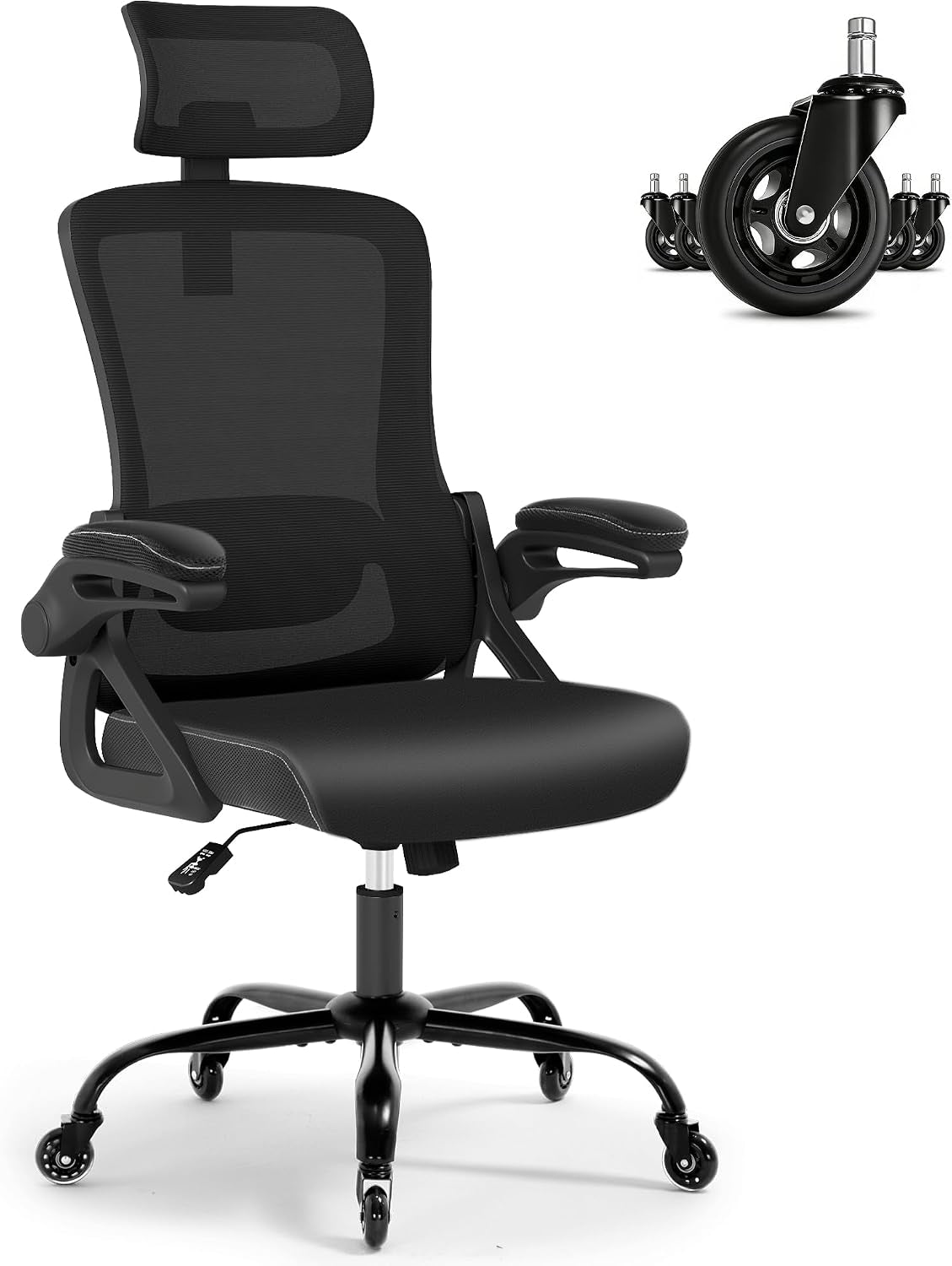 Studio front view of a black mesh chair on white background with a close-up inset of a caster wheel.