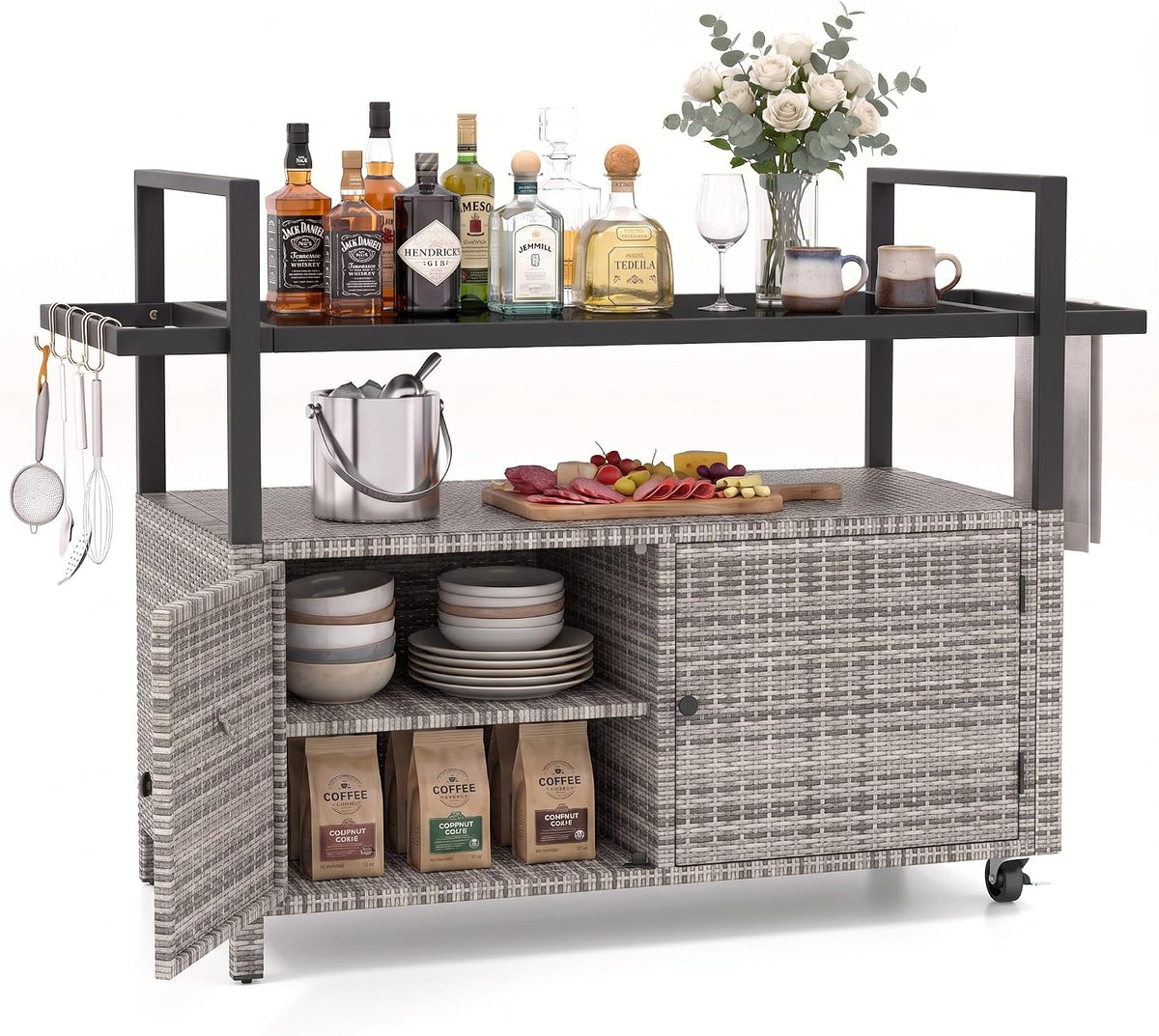 Single gradient gray rattan bar cart on white background showing glass top, open cabinet shelves and hanging hooks