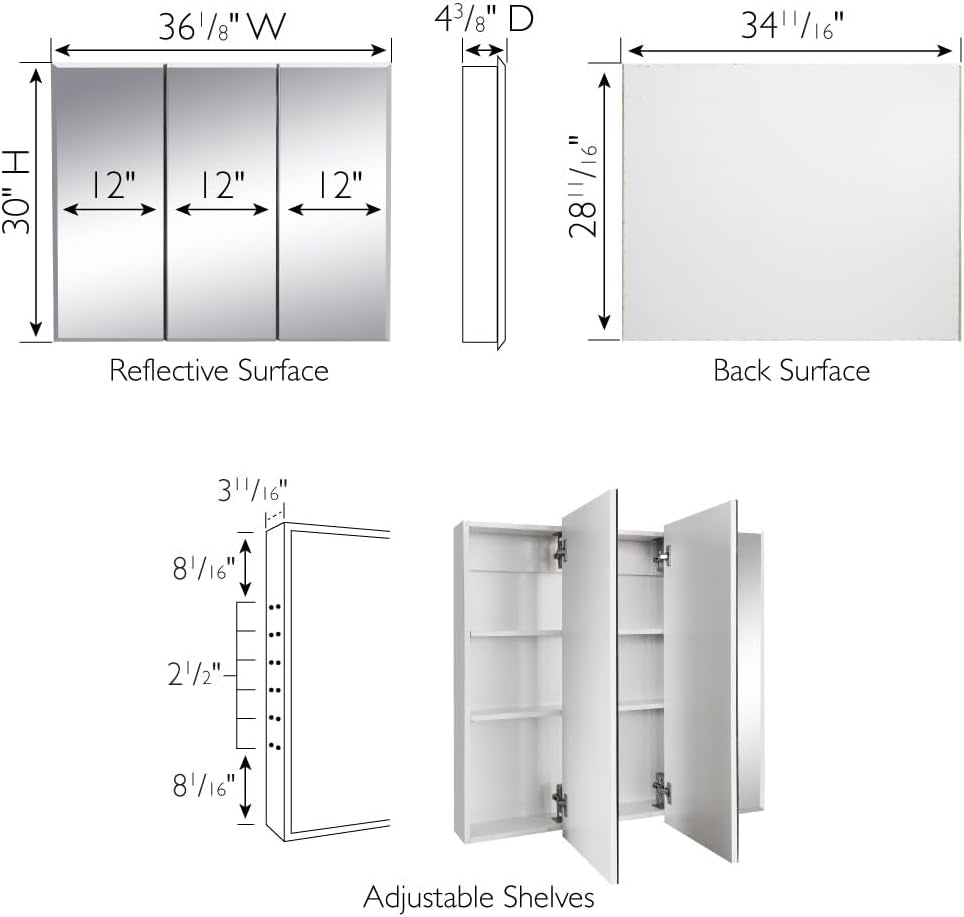 Line-drawing diagram showing mirrored front, side profile, back surface and internal adjustable-shelf layout.