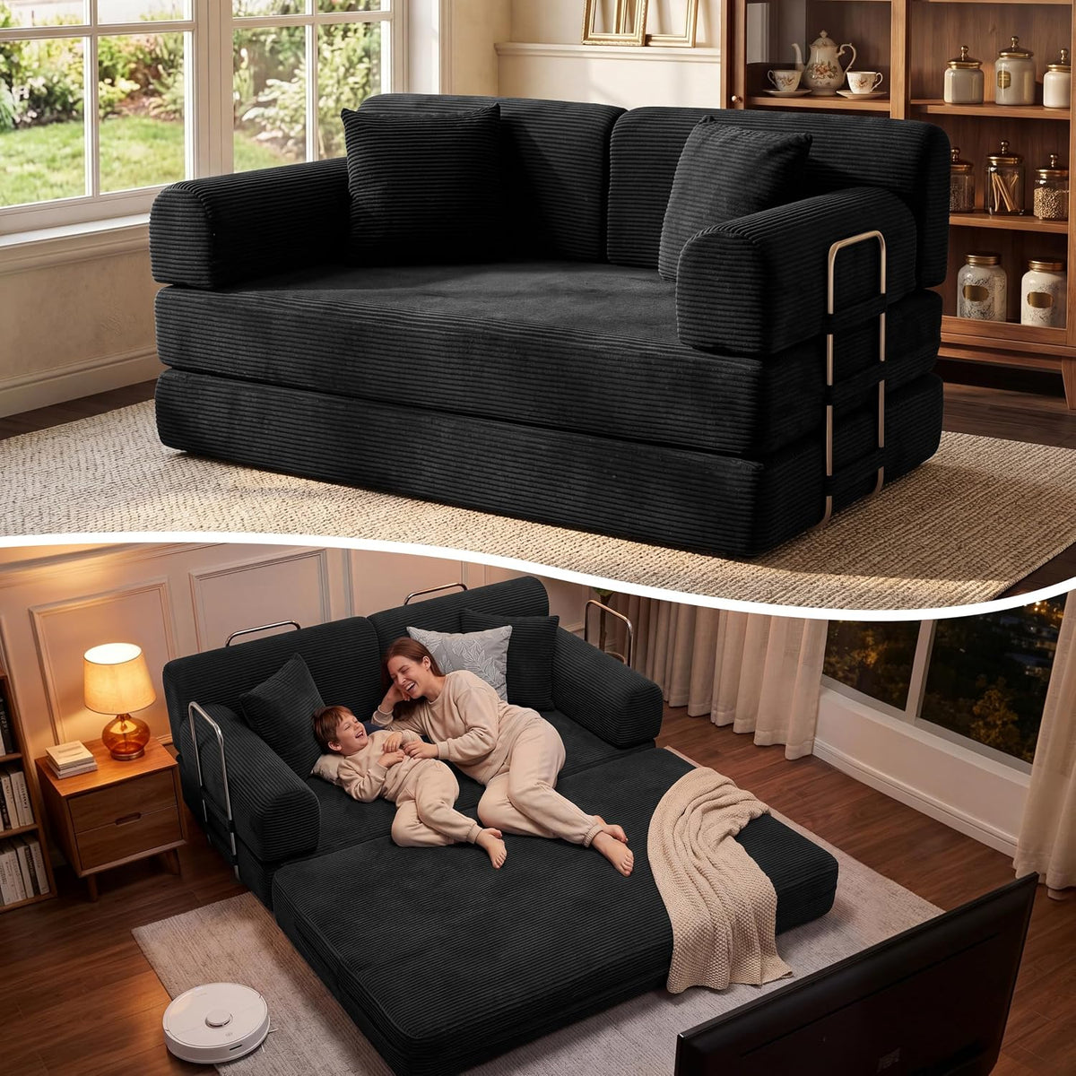 Black ribbed fabric loveseat shown upright in a bright room and converted into a flat sleeper with metal side rails.