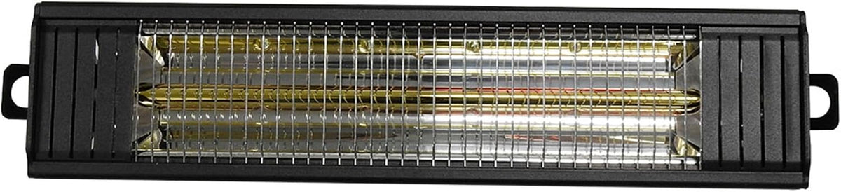 Close-up front view of a single infrared heating element bar with protective grille in black housing