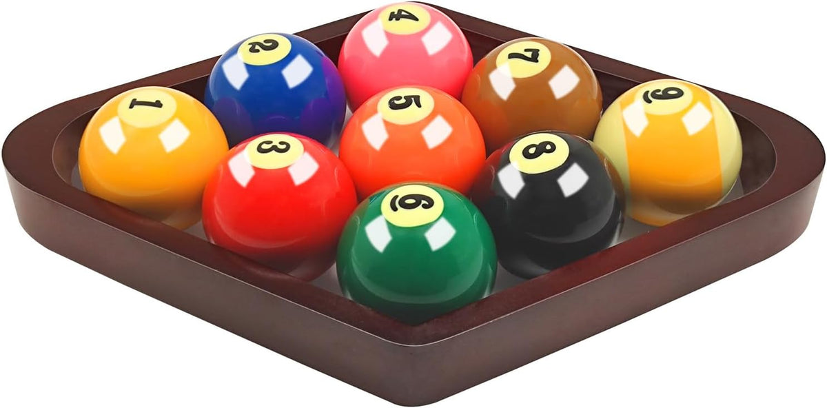 Close-up of a wooden triangular rack holding ten glossy numbered pool balls in two rows.