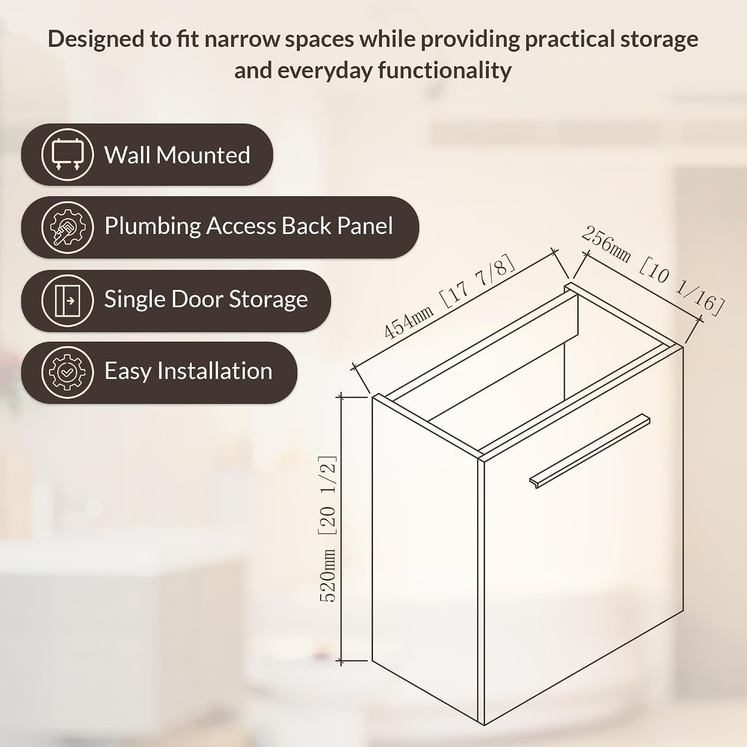 Line drawing of the vanity with dimensional callouts and four feature icons on a beige background.