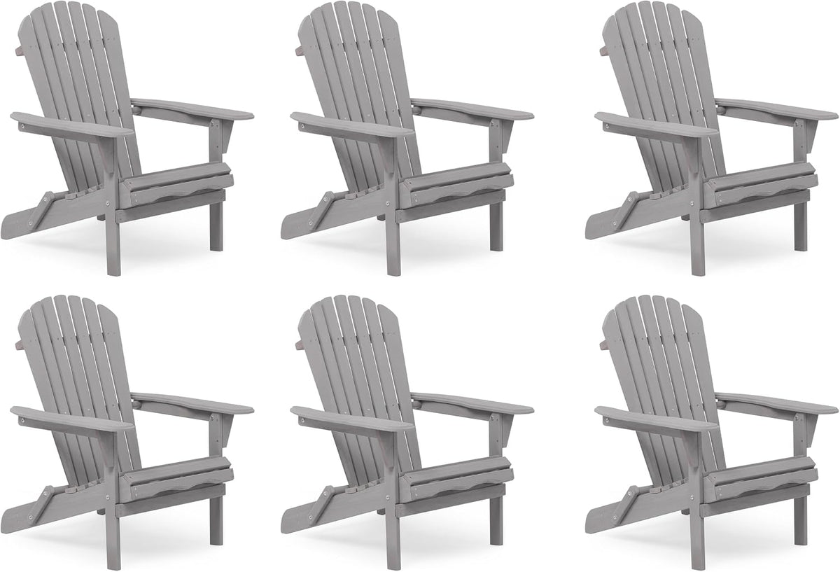Six gray-painted Adirondack chairs arranged in a repeating grid on a white background, three-quarter front angle.