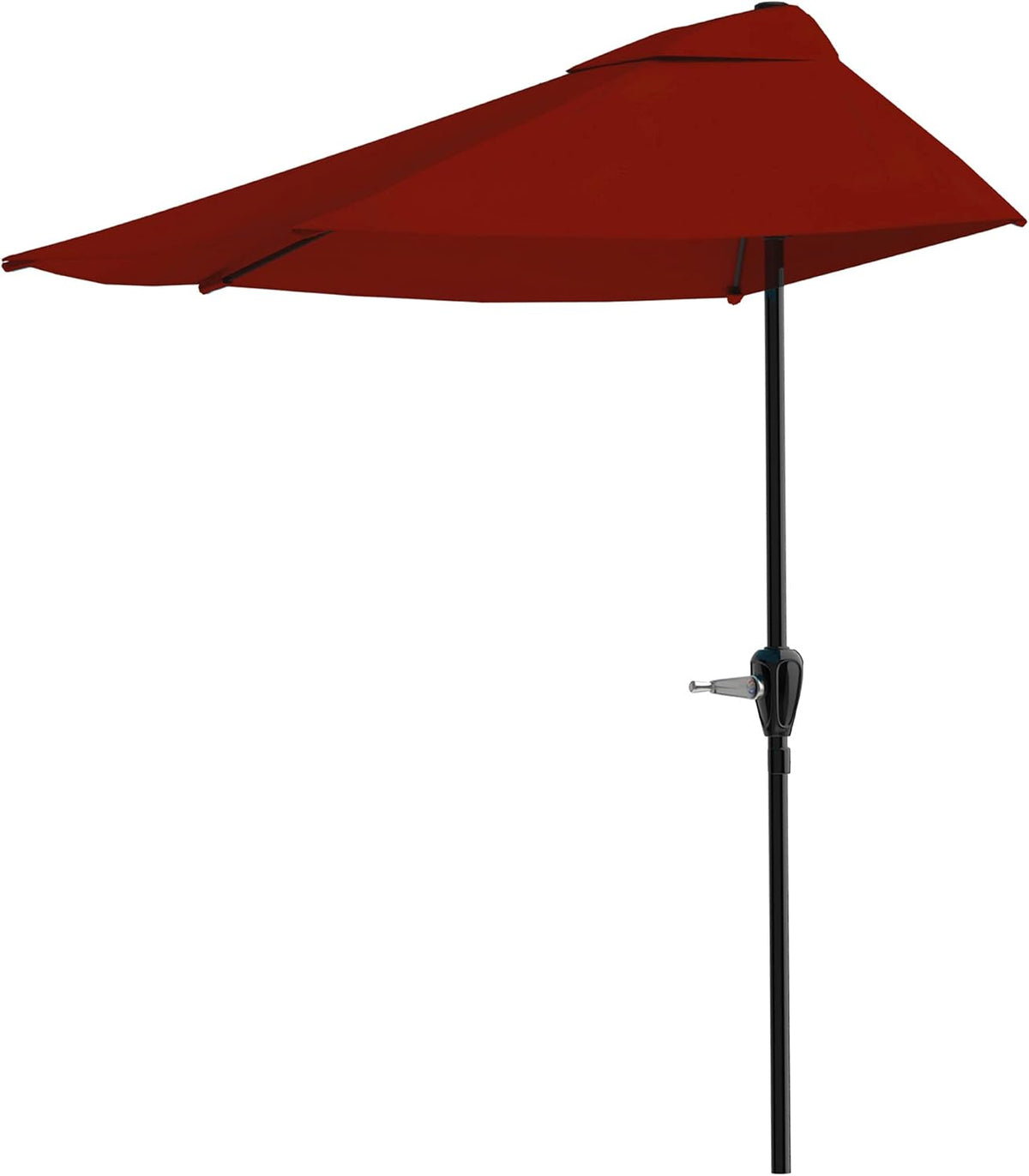 Deep red half-canopy umbrella displayed from the side with visible ribs and black pole and crank