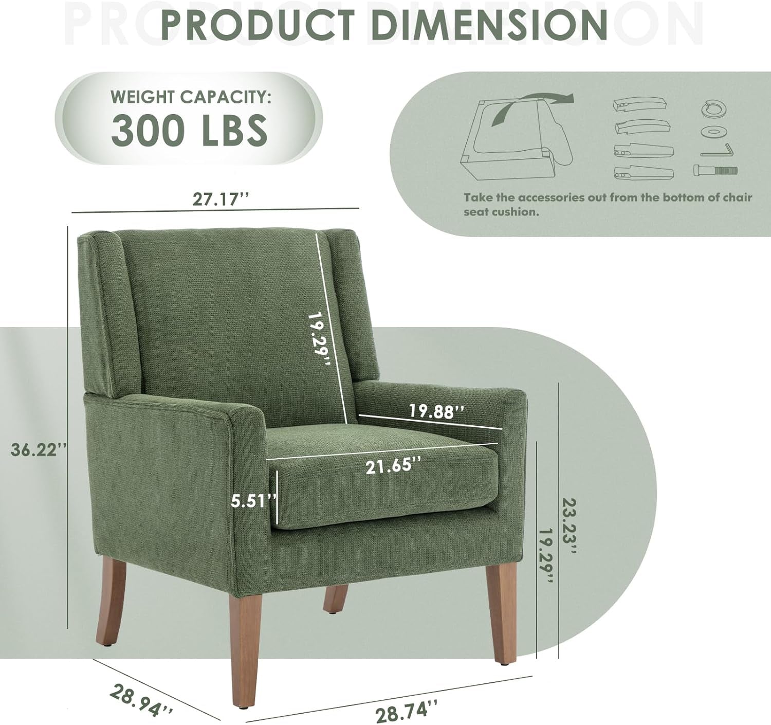 Dimension diagram of green wingback chair showing overall and seat measurements and 300 lb capacity