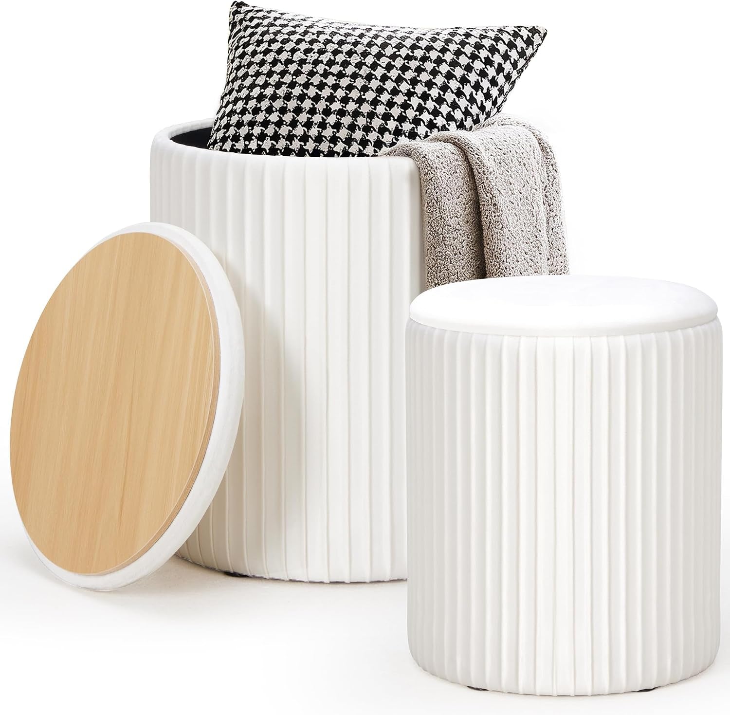 Beige round velvet large and small ottomans shown with lids removed and wooden lid panel visible