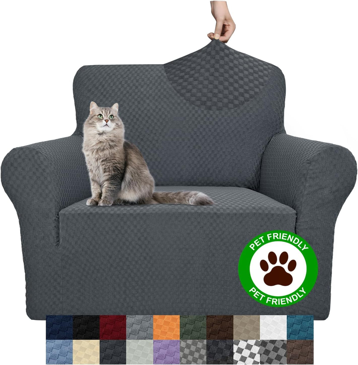 Single-seat slipcovered armchair in dark gray with a fluffy cat on the seat, a hand lifting the back fabric, and a